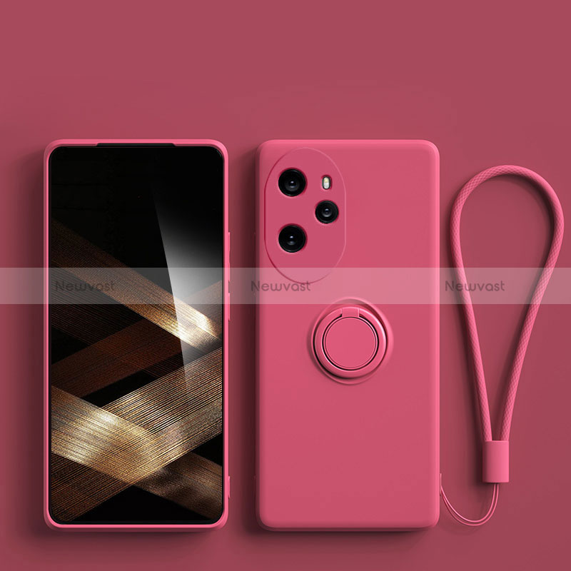 Ultra-thin Silicone Gel Soft Case Cover with Magnetic Finger Ring Stand S01 for Huawei Honor 100 Pro 5G Hot Pink