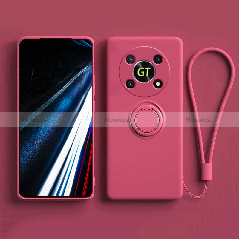 Ultra-thin Silicone Gel Soft Case Cover with Magnetic Finger Ring Stand S01 for Huawei Honor Magic4 Lite 5G Hot Pink