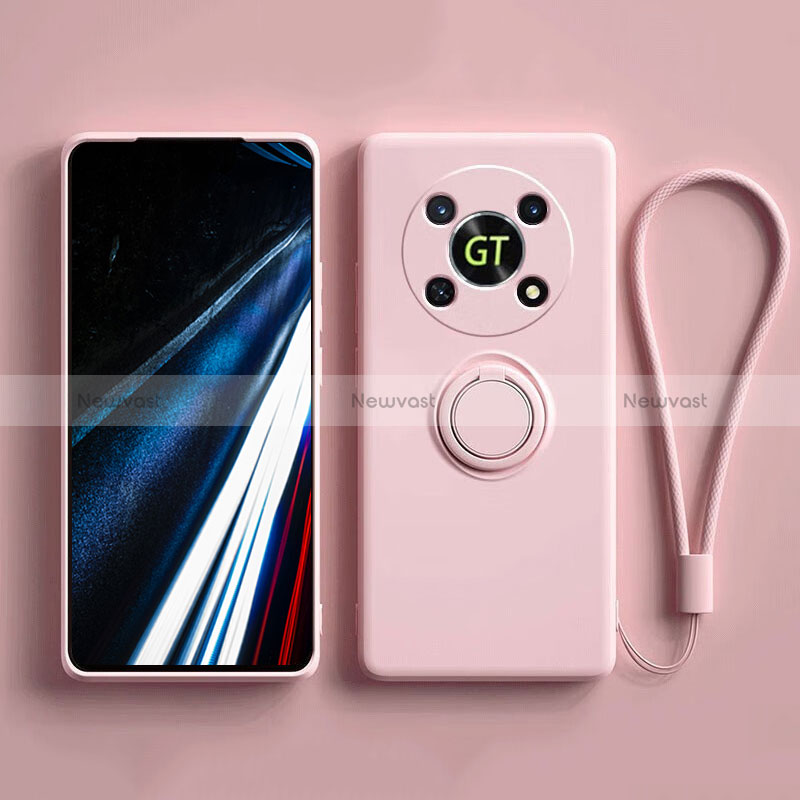 Ultra-thin Silicone Gel Soft Case Cover with Magnetic Finger Ring Stand S01 for Huawei Honor Magic4 Lite 5G Pink