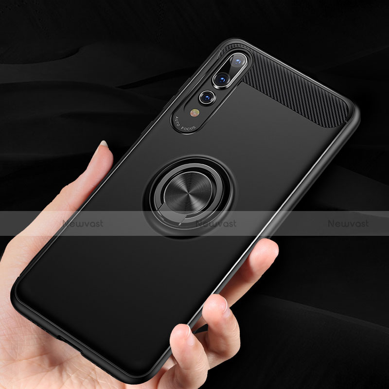 Ultra-thin Silicone Gel Soft Case Cover with Magnetic Finger Ring Stand S01 for Huawei P20 Pro