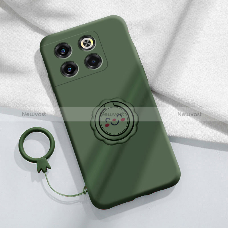 Ultra-thin Silicone Gel Soft Case Cover with Magnetic Finger Ring Stand S01 for OnePlus 10T 5G Midnight Green