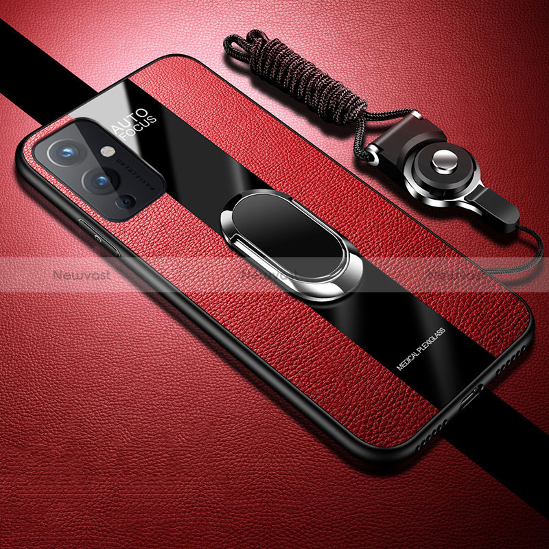 Ultra-thin Silicone Gel Soft Case Cover with Magnetic Finger Ring Stand S01 for OnePlus 9 5G Red