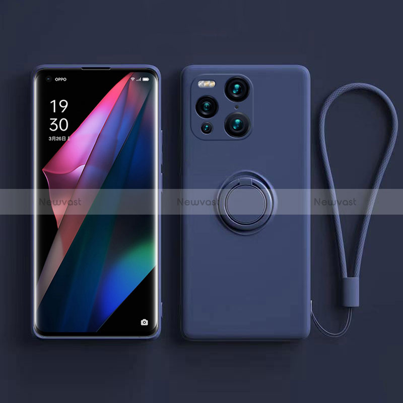 Ultra-thin Silicone Gel Soft Case Cover with Magnetic Finger Ring Stand S01 for Oppo Find X3 5G Blue