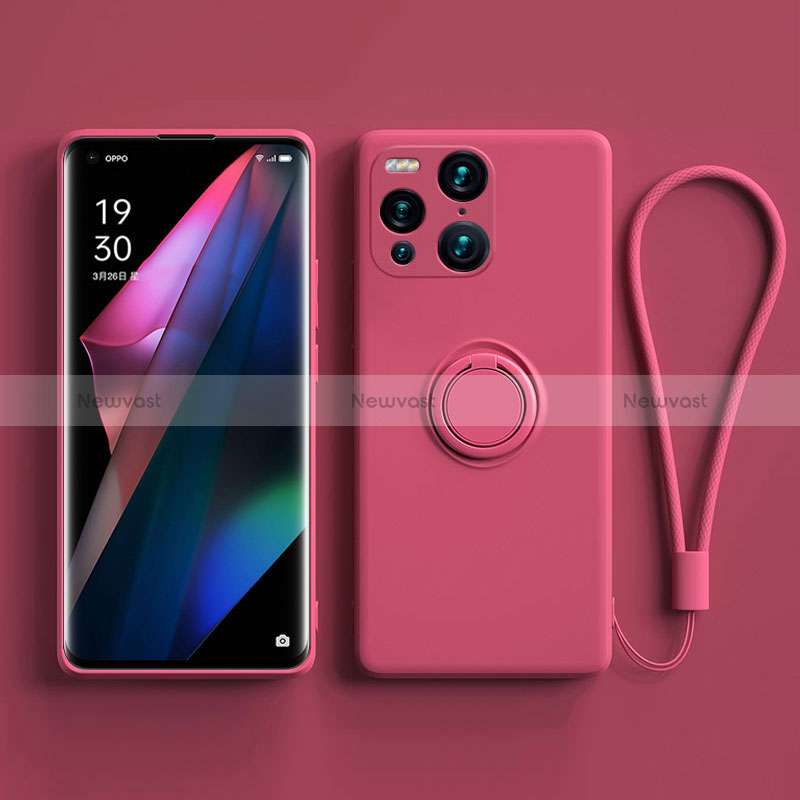 Ultra-thin Silicone Gel Soft Case Cover with Magnetic Finger Ring Stand S01 for Oppo Find X3 5G Hot Pink