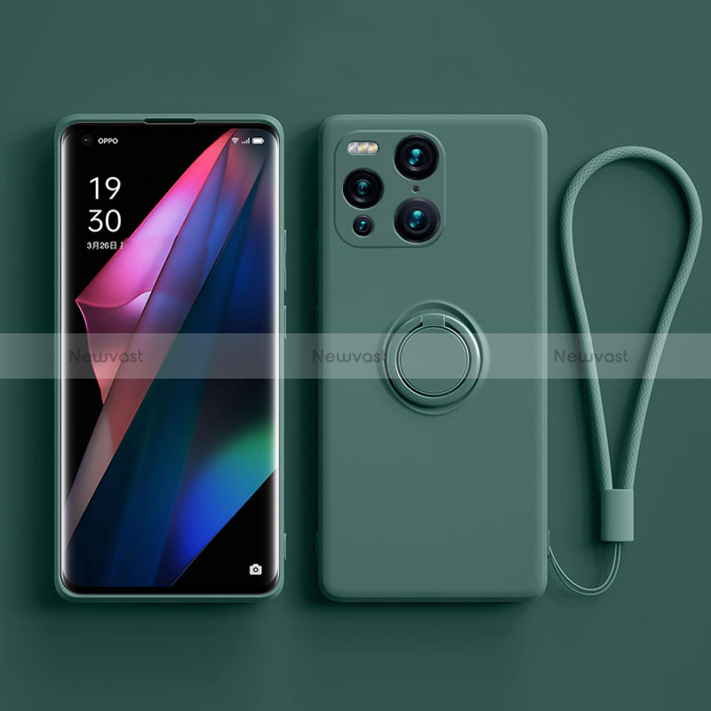 Ultra-thin Silicone Gel Soft Case Cover with Magnetic Finger Ring Stand S01 for Oppo Find X3 5G Midnight Green