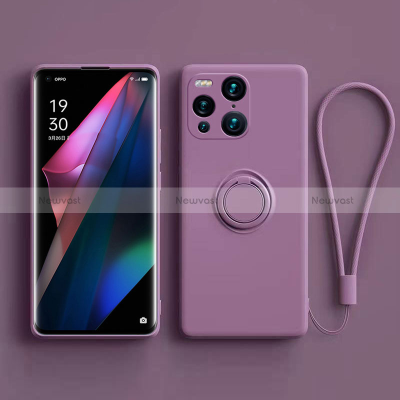 Ultra-thin Silicone Gel Soft Case Cover with Magnetic Finger Ring Stand S01 for Oppo Find X3 5G Purple