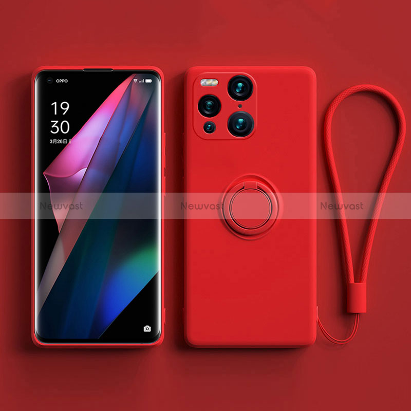 Ultra-thin Silicone Gel Soft Case Cover with Magnetic Finger Ring Stand S01 for Oppo Find X3 5G Red