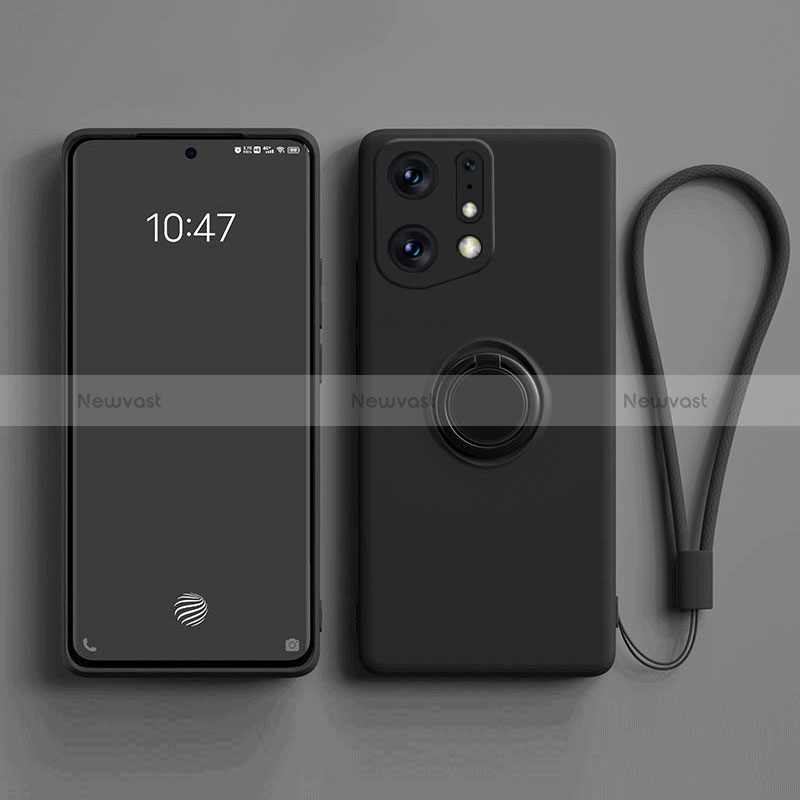 Ultra-thin Silicone Gel Soft Case Cover with Magnetic Finger Ring Stand S01 for Oppo Find X5 5G Black