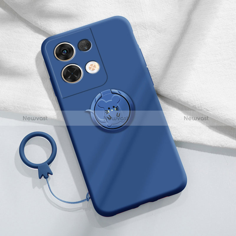 Ultra-thin Silicone Gel Soft Case Cover with Magnetic Finger Ring Stand S01 for Oppo Reno8 5G Blue