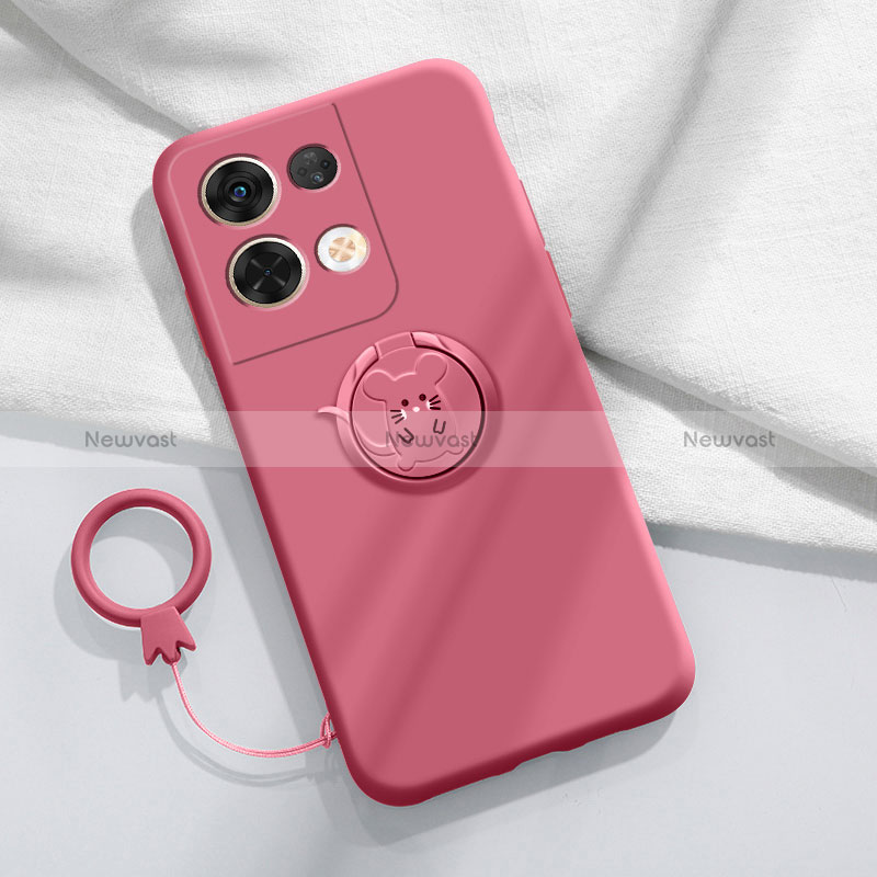 Ultra-thin Silicone Gel Soft Case Cover with Magnetic Finger Ring Stand S01 for Oppo Reno8 Pro+ Plus 5G Hot Pink