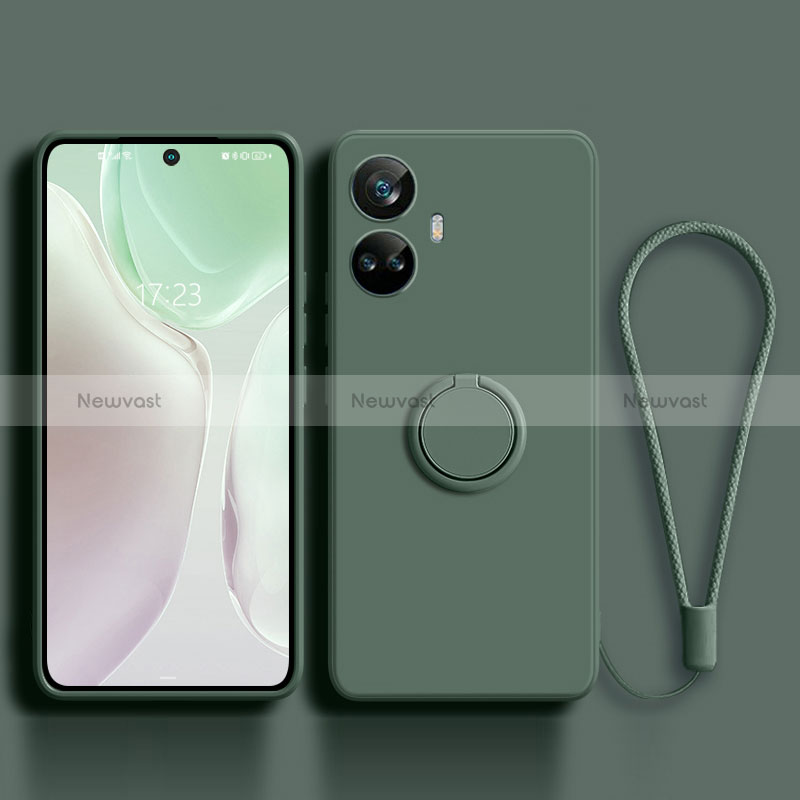 Ultra-thin Silicone Gel Soft Case Cover with Magnetic Finger Ring Stand S01 for Realme 10 Pro+ Plus 5G Midnight Green