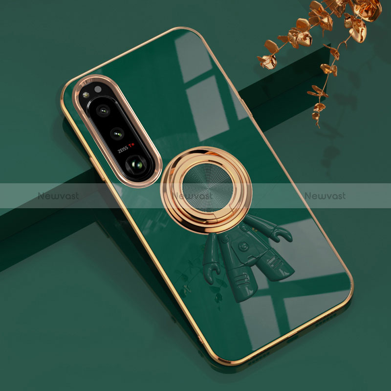 Ultra-thin Silicone Gel Soft Case Cover with Magnetic Finger Ring Stand S01 for Sony Xperia 1 IV Green