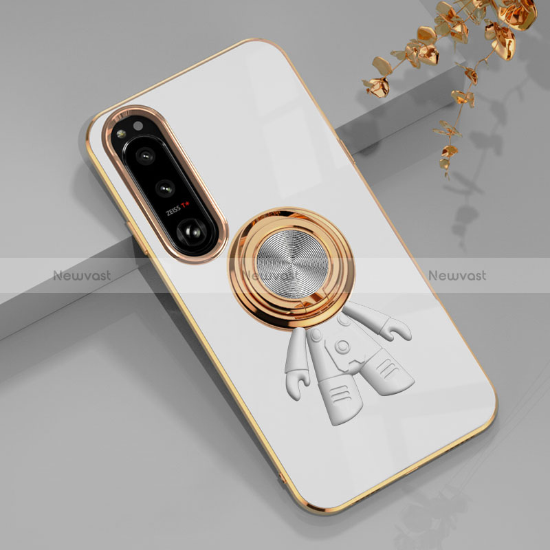 Ultra-thin Silicone Gel Soft Case Cover with Magnetic Finger Ring Stand S01 for Sony Xperia 1 IV White