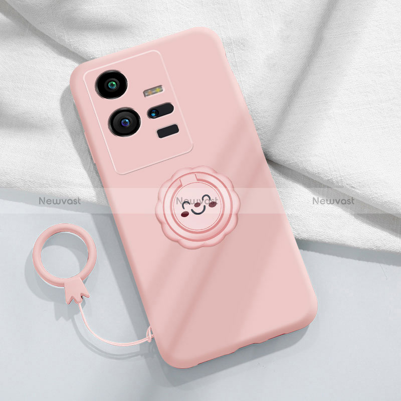 Ultra-thin Silicone Gel Soft Case Cover with Magnetic Finger Ring Stand S01 for Vivo iQOO 11 Pro 5G Pink