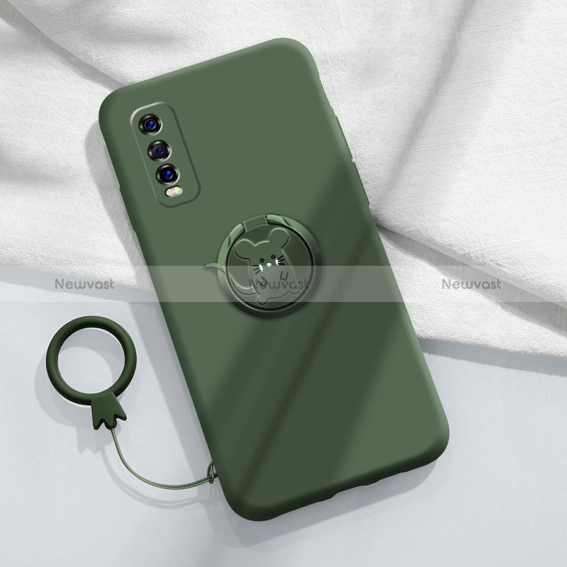 Ultra-thin Silicone Gel Soft Case Cover with Magnetic Finger Ring Stand S01 for Vivo iQOO U1 Midnight Green