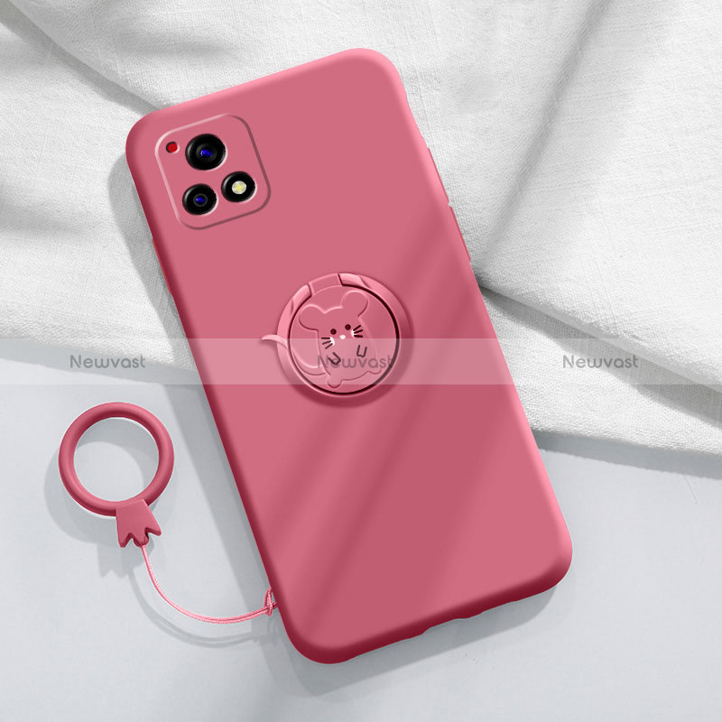 Ultra-thin Silicone Gel Soft Case Cover with Magnetic Finger Ring Stand S01 for Vivo iQOO U3 5G Pink