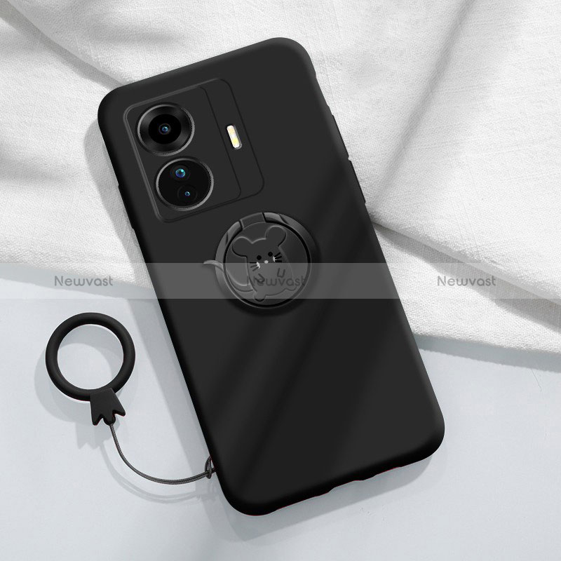 Ultra-thin Silicone Gel Soft Case Cover with Magnetic Finger Ring Stand S01 for Vivo iQOO Z6 Pro 5G Black