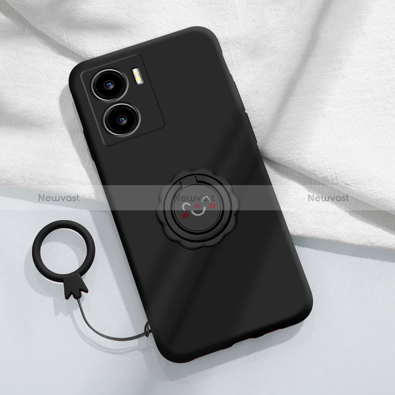 Ultra-thin Silicone Gel Soft Case Cover with Magnetic Finger Ring Stand S01 for Vivo iQOO Z7x 5G Black