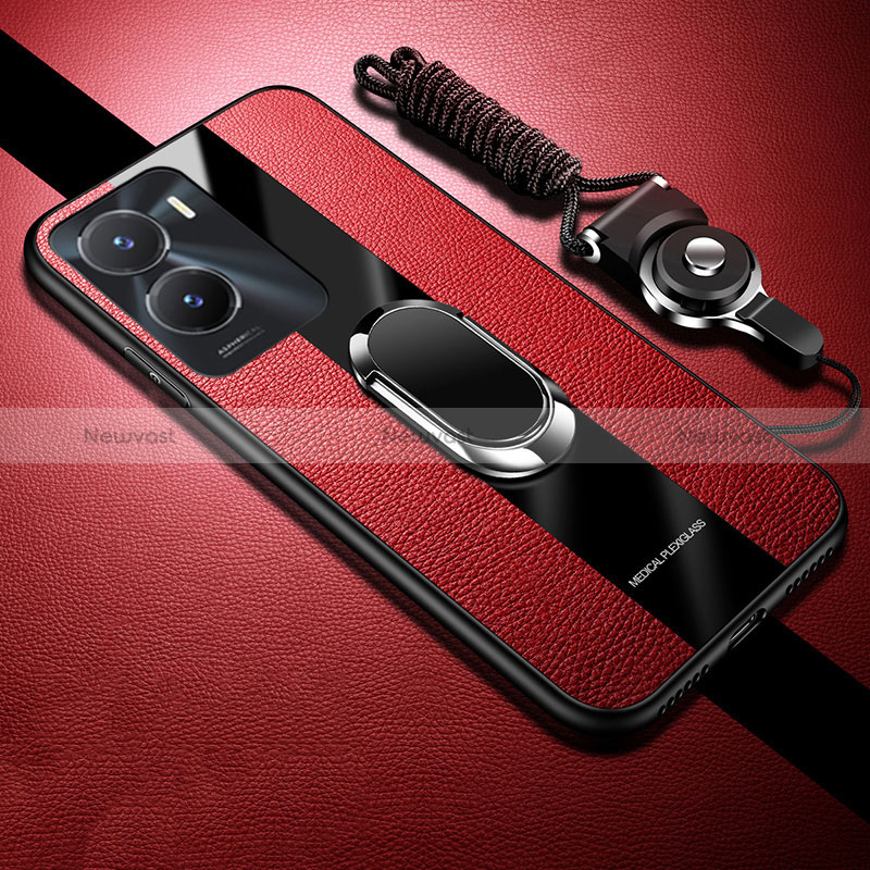 Ultra-thin Silicone Gel Soft Case Cover with Magnetic Finger Ring Stand S01 for Vivo T2x 5G V2253 Red