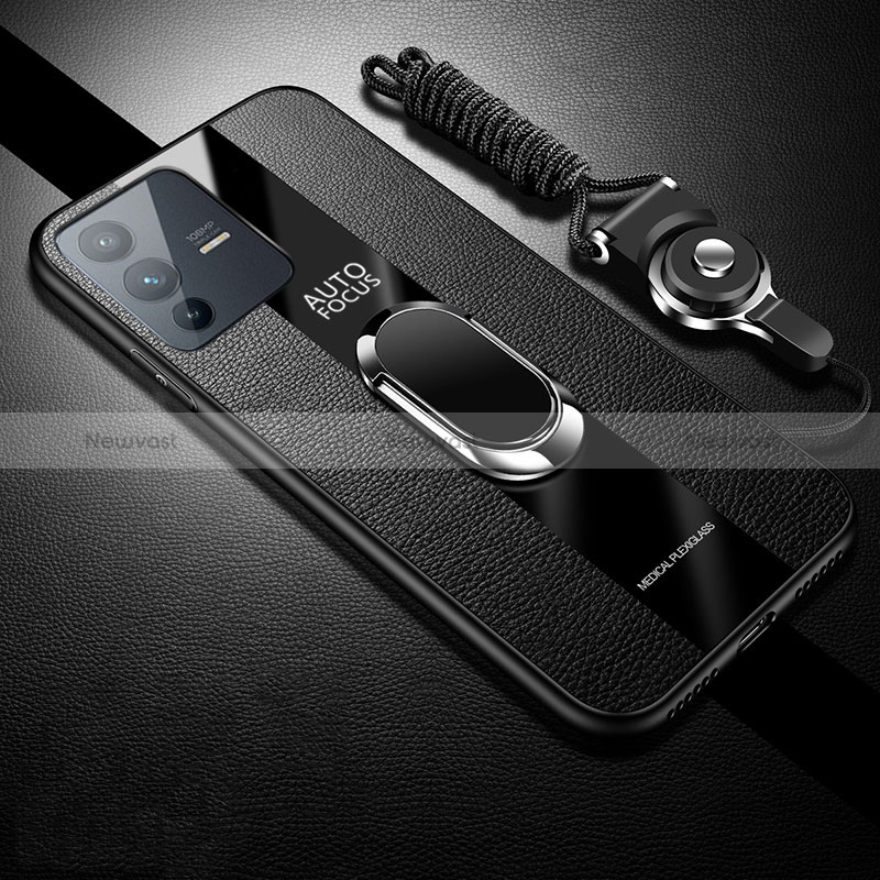 Ultra-thin Silicone Gel Soft Case Cover with Magnetic Finger Ring Stand S01 for Vivo V23 5G Black