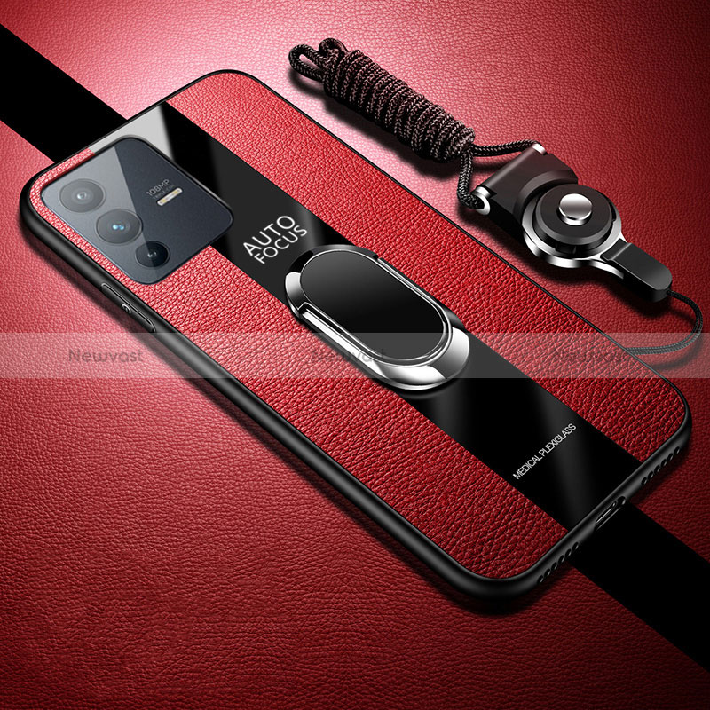 Ultra-thin Silicone Gel Soft Case Cover with Magnetic Finger Ring Stand S01 for Vivo V23 5G Red