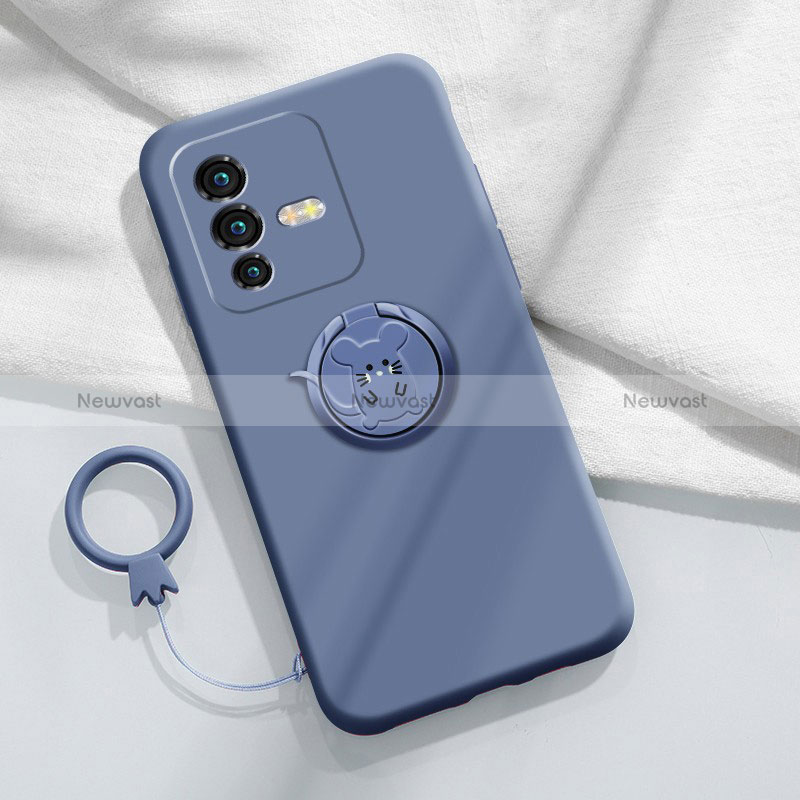 Ultra-thin Silicone Gel Soft Case Cover with Magnetic Finger Ring Stand S01 for Vivo V23 Pro 5G Lavender Gray
