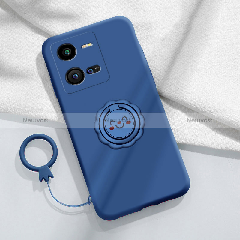 Ultra-thin Silicone Gel Soft Case Cover with Magnetic Finger Ring Stand S01 for Vivo V25e Blue