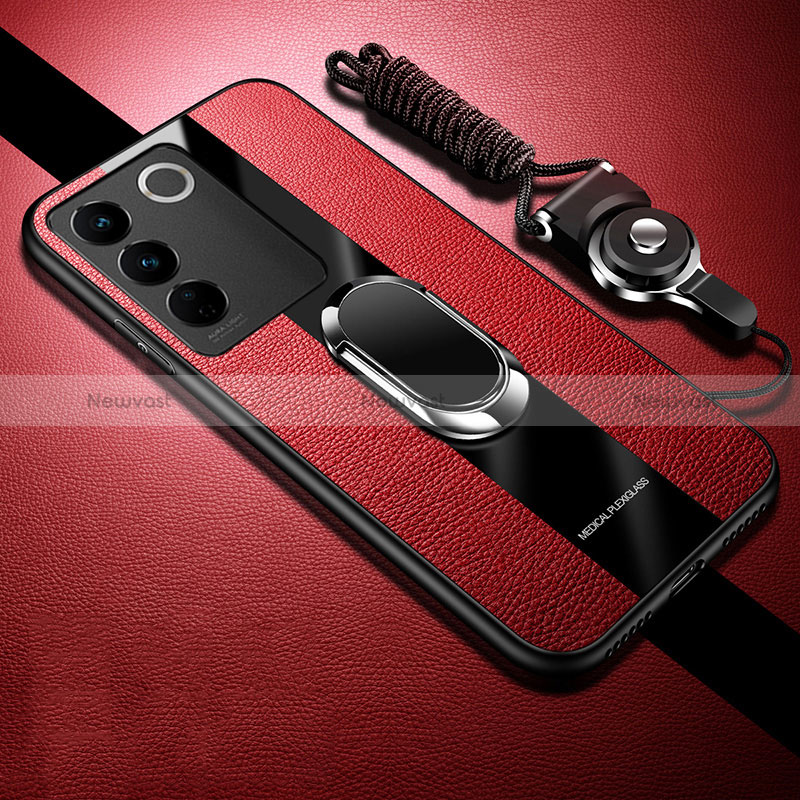Ultra-thin Silicone Gel Soft Case Cover with Magnetic Finger Ring Stand S01 for Vivo V27 5G Red