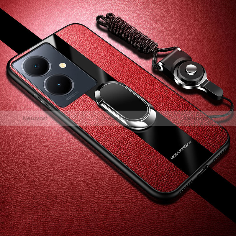 Ultra-thin Silicone Gel Soft Case Cover with Magnetic Finger Ring Stand S01 for Vivo V29 Lite 5G Red