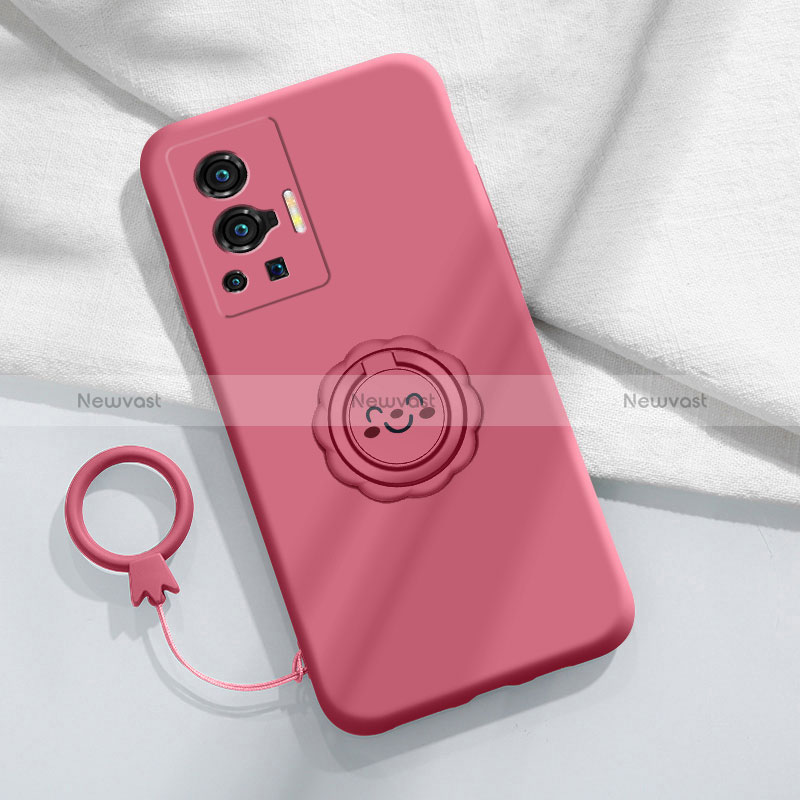Ultra-thin Silicone Gel Soft Case Cover with Magnetic Finger Ring Stand S01 for Vivo X70 Pro 5G Hot Pink