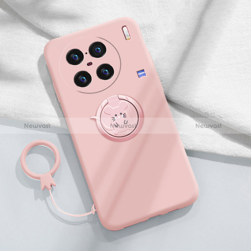 Ultra-thin Silicone Gel Soft Case Cover with Magnetic Finger Ring Stand S01 for Vivo X90 5G Pink