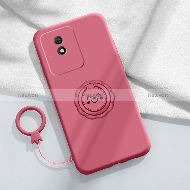 Ultra-thin Silicone Gel Soft Case Cover with Magnetic Finger Ring Stand S01 for Vivo Y02 Hot Pink