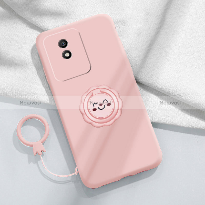 Ultra-thin Silicone Gel Soft Case Cover with Magnetic Finger Ring Stand S01 for Vivo Y02 Pink