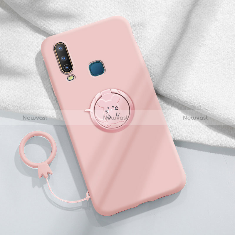 Ultra-thin Silicone Gel Soft Case Cover with Magnetic Finger Ring Stand S01 for Vivo Y11 Pink