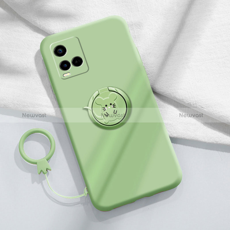 Ultra-thin Silicone Gel Soft Case Cover with Magnetic Finger Ring Stand S01 for Vivo Y21 Green