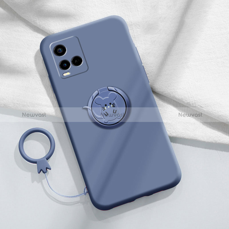 Ultra-thin Silicone Gel Soft Case Cover with Magnetic Finger Ring Stand S01 for Vivo Y21 Lavender Gray