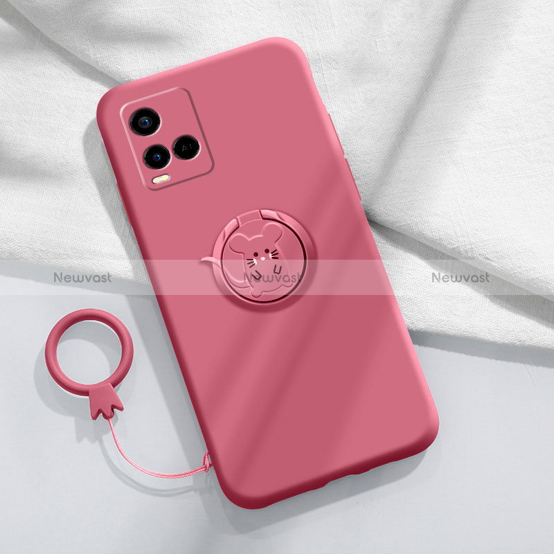 Ultra-thin Silicone Gel Soft Case Cover with Magnetic Finger Ring Stand S01 for Vivo Y21 Red