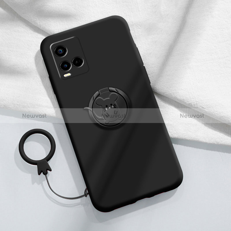 Ultra-thin Silicone Gel Soft Case Cover with Magnetic Finger Ring Stand S01 for Vivo Y21a Black