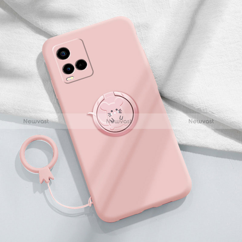 Ultra-thin Silicone Gel Soft Case Cover with Magnetic Finger Ring Stand S01 for Vivo Y21a Pink