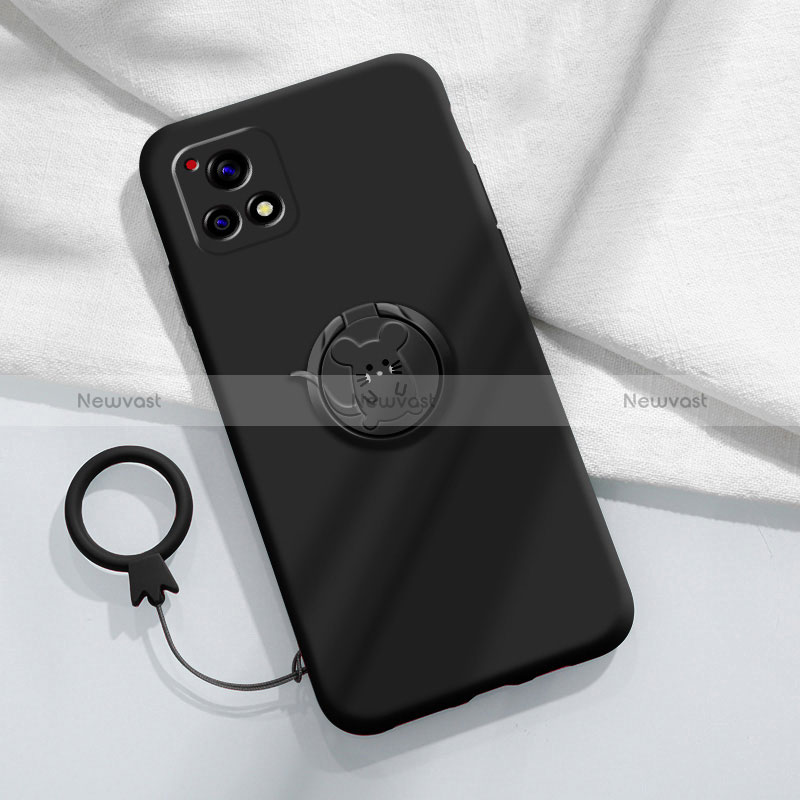 Ultra-thin Silicone Gel Soft Case Cover with Magnetic Finger Ring Stand S01 for Vivo Y31s 5G Black