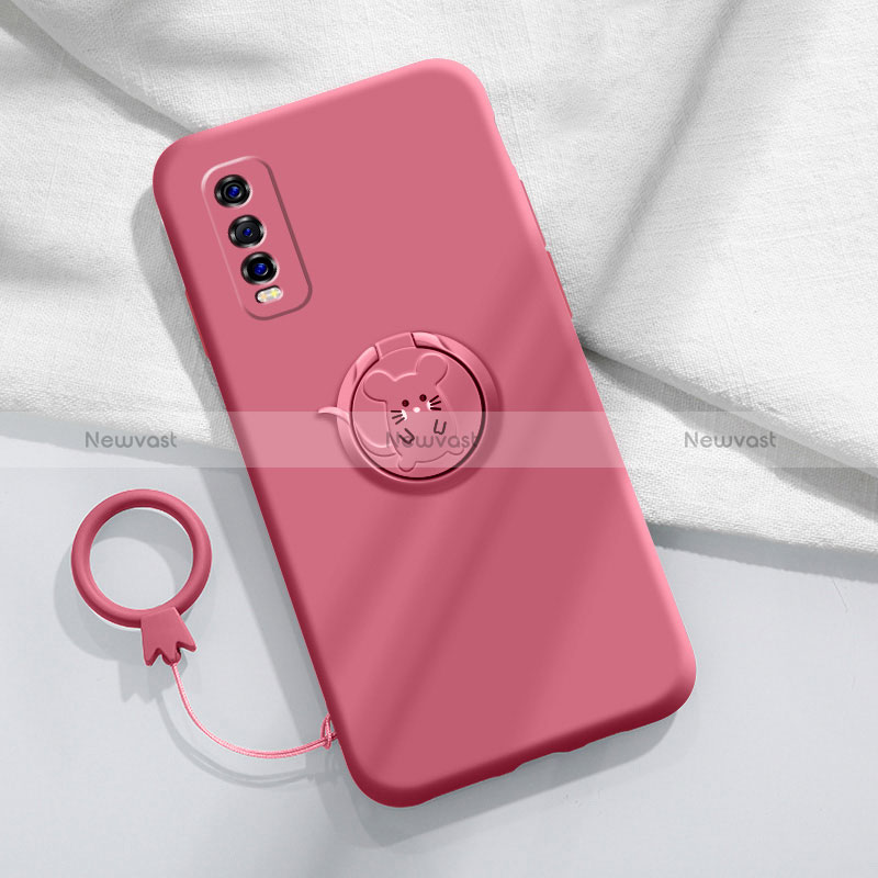 Ultra-thin Silicone Gel Soft Case Cover with Magnetic Finger Ring Stand S01 for Vivo Y50t Red