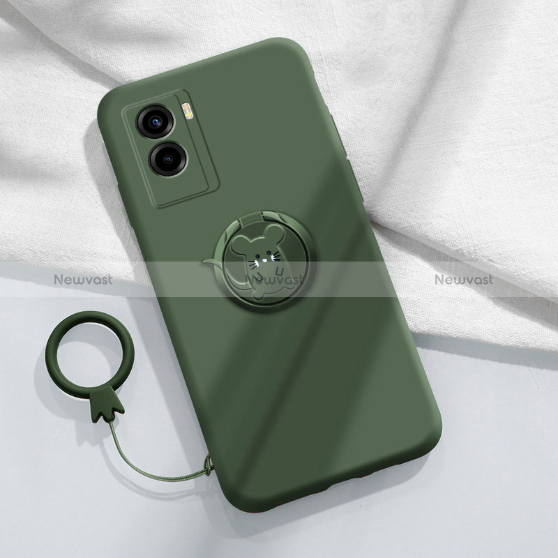 Ultra-thin Silicone Gel Soft Case Cover with Magnetic Finger Ring Stand S01 for Vivo Y55s (2021) Midnight Green