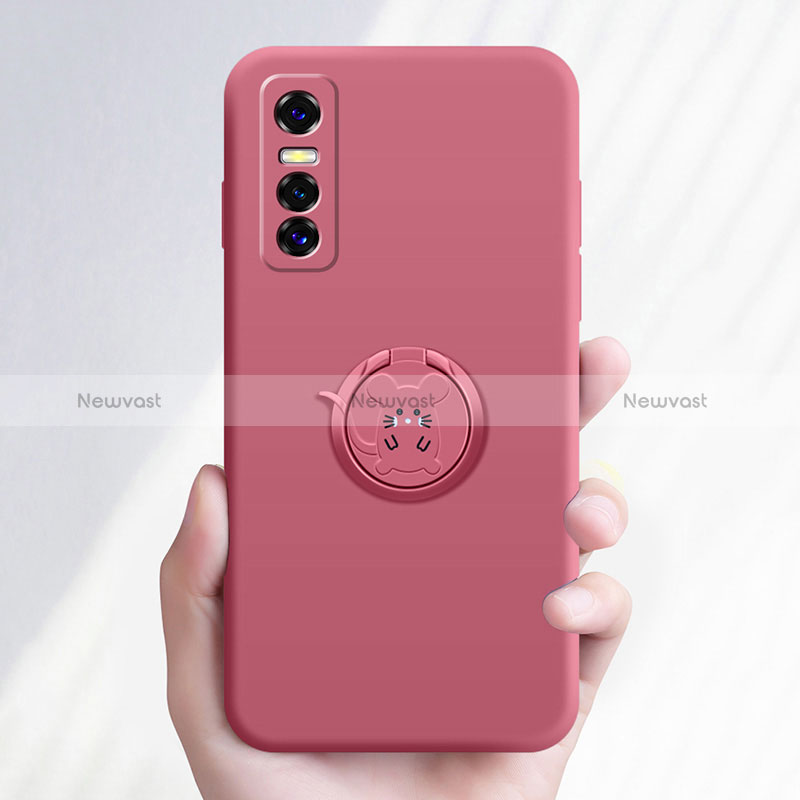 Ultra-thin Silicone Gel Soft Case Cover with Magnetic Finger Ring Stand S01 for Vivo Y73s 5G