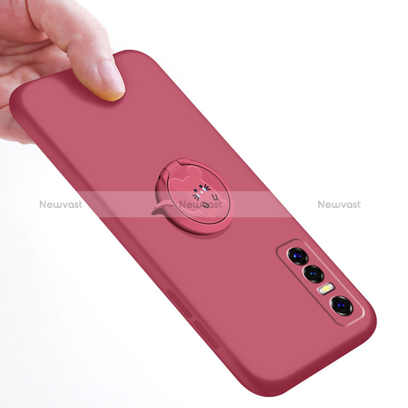 Ultra-thin Silicone Gel Soft Case Cover with Magnetic Finger Ring Stand S01 for Vivo Y73s 5G