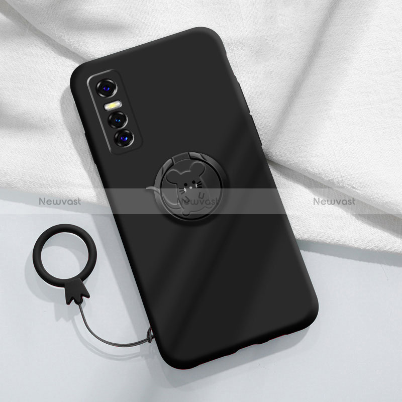 Ultra-thin Silicone Gel Soft Case Cover with Magnetic Finger Ring Stand S01 for Vivo Y73s 5G