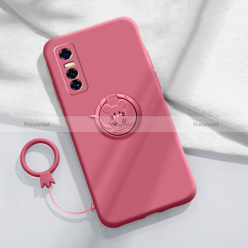 Ultra-thin Silicone Gel Soft Case Cover with Magnetic Finger Ring Stand S01 for Vivo Y73s 5G