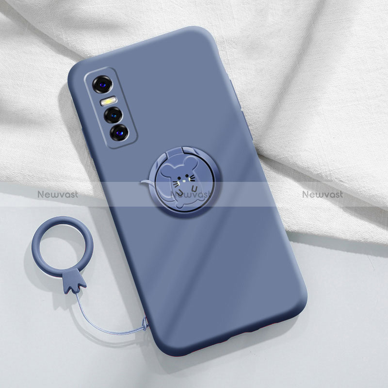 Ultra-thin Silicone Gel Soft Case Cover with Magnetic Finger Ring Stand S01 for Vivo Y73s 5G Lavender Gray