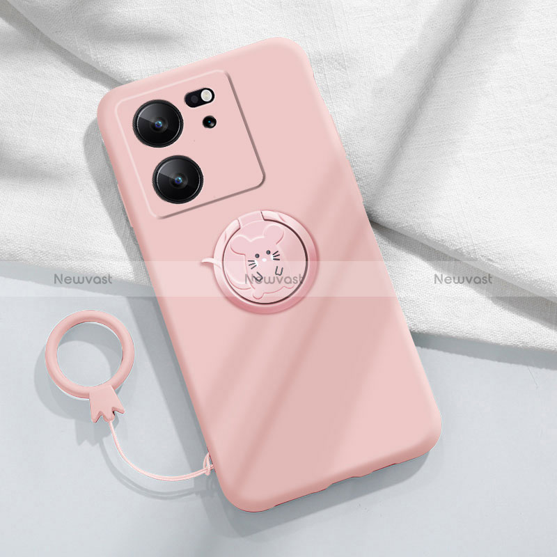 Ultra-thin Silicone Gel Soft Case Cover with Magnetic Finger Ring Stand S01 for Xiaomi Mi 13T 5G Pink