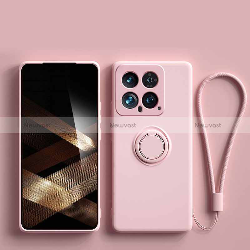 Ultra-thin Silicone Gel Soft Case Cover with Magnetic Finger Ring Stand S01 for Xiaomi Mi 14 5G Pink