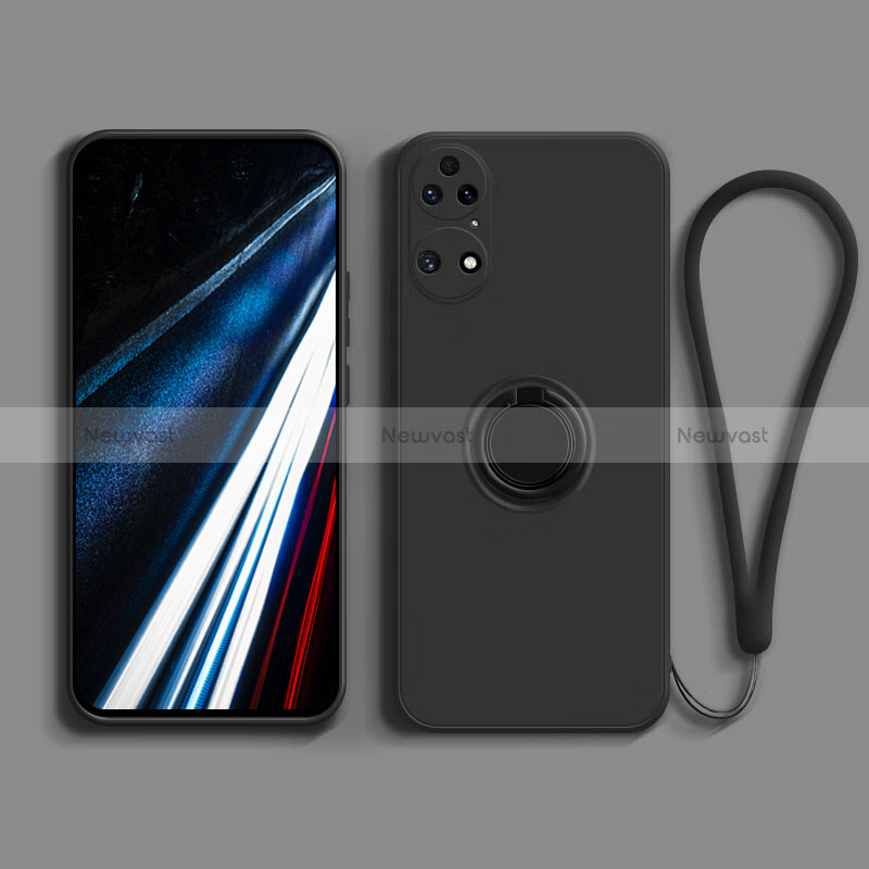 Ultra-thin Silicone Gel Soft Case Cover with Magnetic Finger Ring Stand S02 for Huawei P50 Black